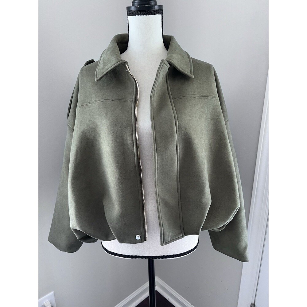 Faux Suede Bubble Hem Bomber Jacket Olive Green Size Small EUC